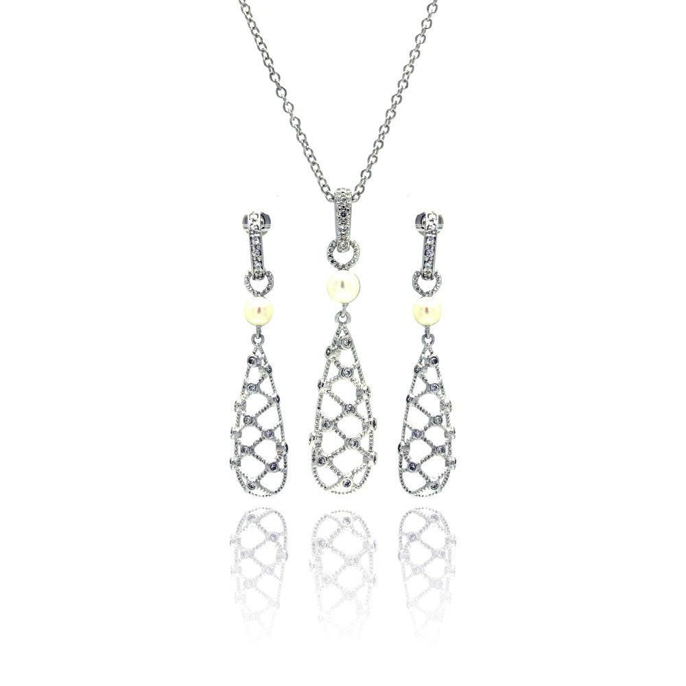 Silver 925 Rhodium Plated Fishnet Drop Pearl Clear CZ Dangling Stud Earring and Dangling Necklace Set - BGS00143