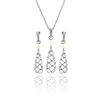 Silver 925 Rhodium Plated Fishnet Drop Pearl Clear CZ Dangling Stud Earring and Dangling Necklace Set - BGS00143