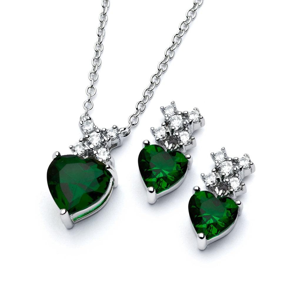 Rhodium Plated 925 Sterling Silver Clear Round & Birthstone Heart CZ Stud Earring and Necklace Set - BGS00399