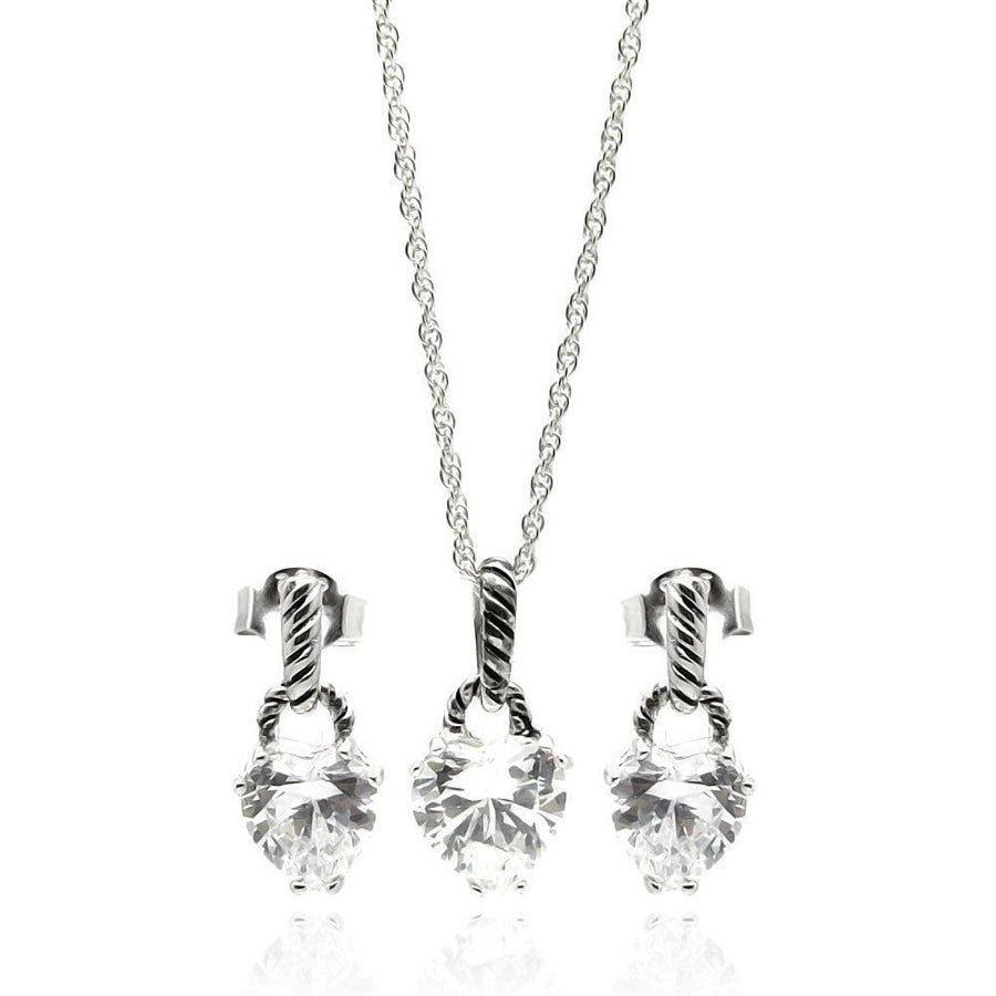 Silver 925 Rhodium Plated Heart CZ Dangling Stud Earring and Necklace Set - STS00261