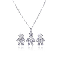 Silver 925 Rhodium Plated Open Filigree CZ Boy Stud Earring and Necklace Set - STS00363