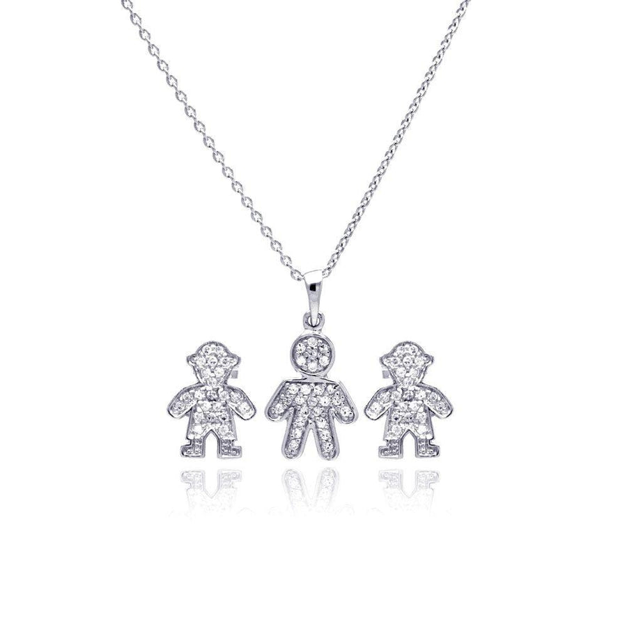 Silver 925 Rhodium Plated Open Filigree CZ Boy Stud Earring and Necklace Set - STS00363