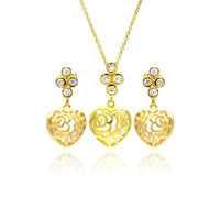 Silver 925 Gold Plated Heart Filigree CZ Dangling Stud Earring and Necklace Set - STS00383