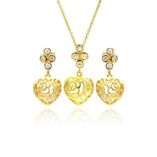 Silver 925 Gold Plated Heart Filigree CZ Dangling Stud Earring and Necklace Set - STS00383