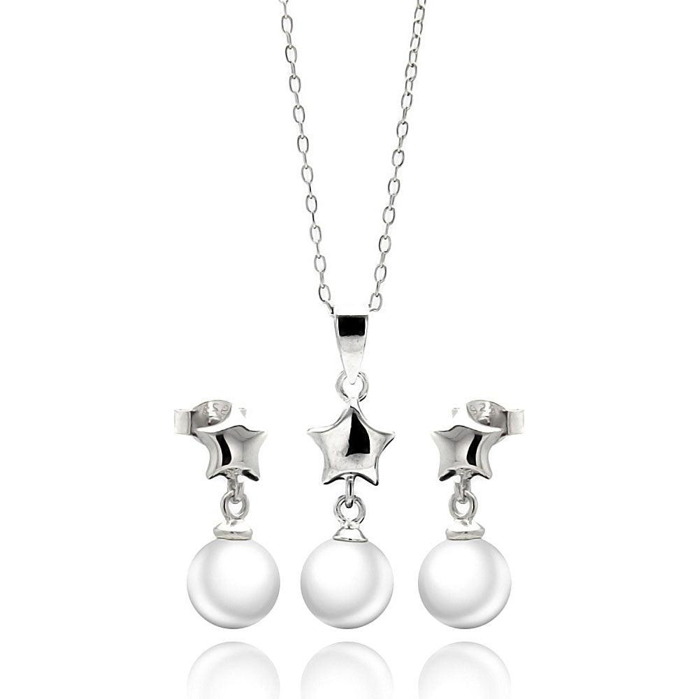 Silver 925 Rhodium Plated Star White Enamel Pearl Dangling Stud Earring and Necklace Set - STS00448