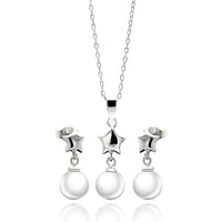 Silver 925 Rhodium Plated Star White Enamel Pearl Dangling Stud Earring and Necklace Set - STS00448