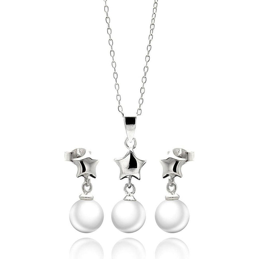 Silver 925 Rhodium Plated Star White Enamel Pearl Dangling Stud Earring and Necklace Set - STS00448