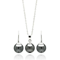 Silver 925 Rhodium Plated Black Pearl Hanging Earring and Necklace Set - STS00460