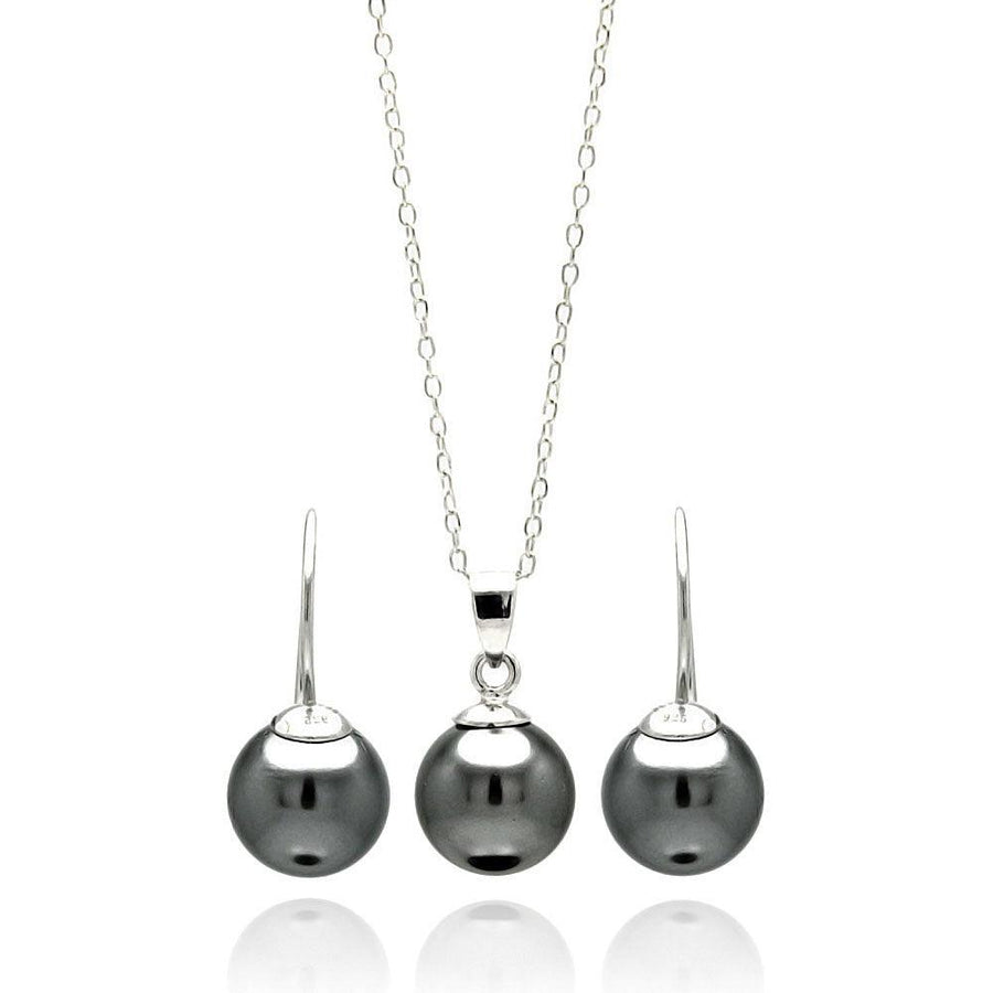 Silver 925 Rhodium Plated Black Pearl Hanging Earring and Necklace Set - STS00460