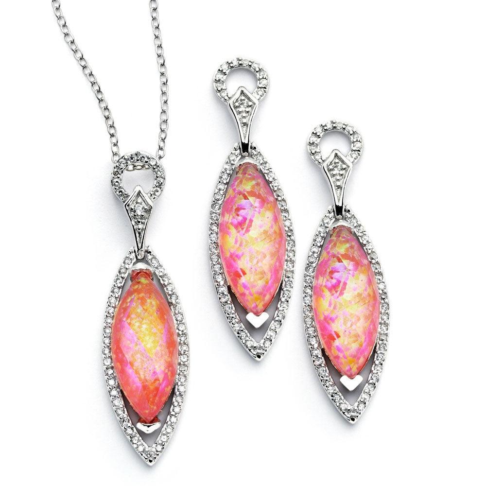Silver 925 Rhodium Plated Pink CZ Dangling Stud Earring and Necklace Set - STS00465