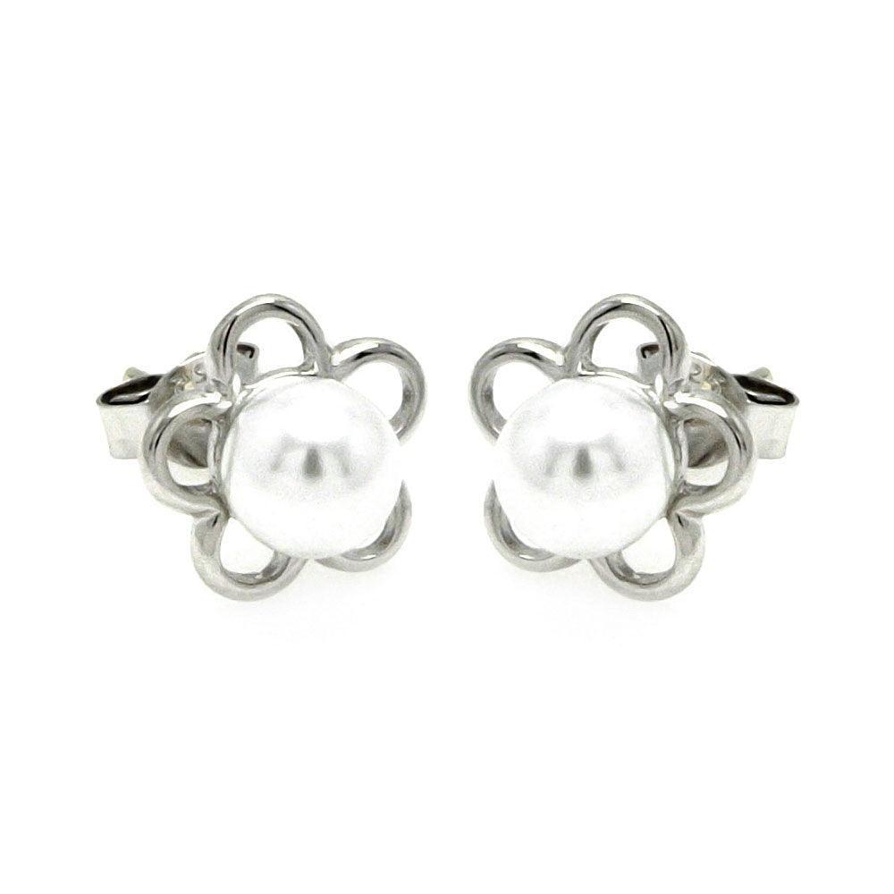 Silver 925 Rhodium Plated Open Star Pearl Stud Earrings - STE00894