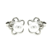 Silver 925 Rhodium Plated Open Star Pearl Stud Earrings - STE00894