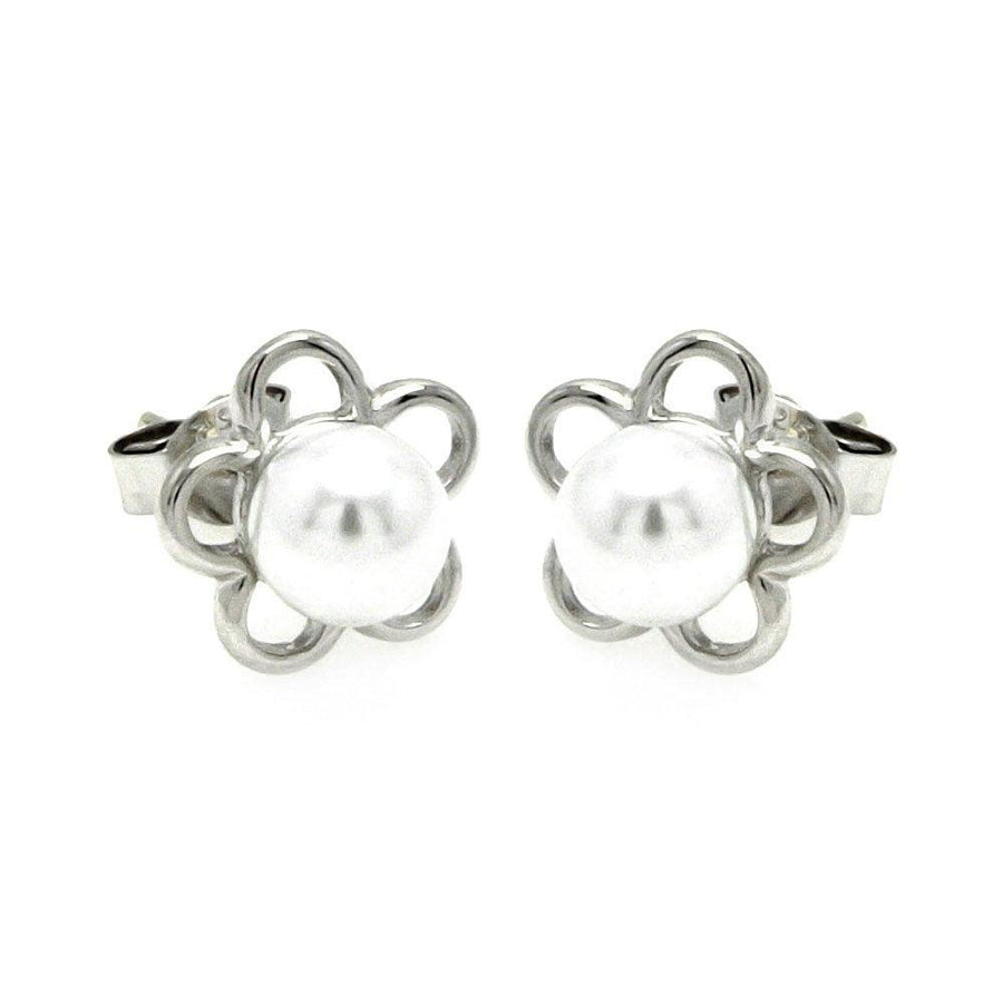 Silver 925 Rhodium Plated Open Star Pearl Stud Earrings - STE00894