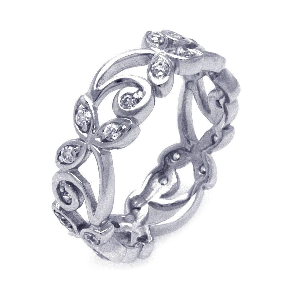 Silver 925 Rhodium Plated CZ Flower Eternity Ring - STR00786